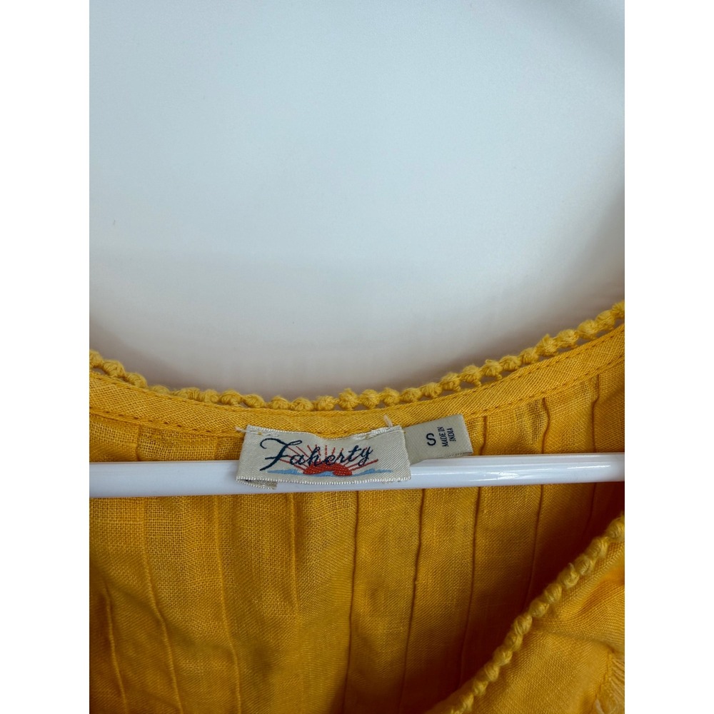 Faherty Yosepha Ruffle Linen‎ Blouse Womens S marigold Yellow Fringe V-Neck - Picture 2 of 7